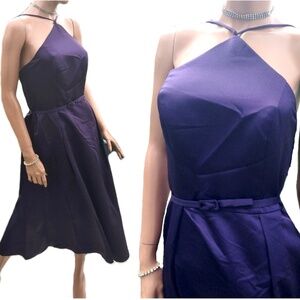 NWT D.Tutura/Gather&Gown Satin Fit/Flare Tea Length Bridesmaid Dress~Aubergine~6